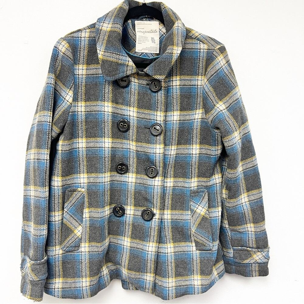 SZ XL Aeropostale Plaid Short Wool Blend Trench Blue Gray Yellow